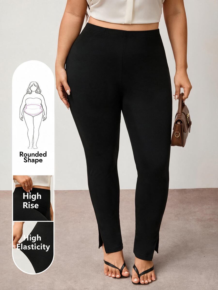 Enliva Legging Kasual Wanita Ukuran Besar Warna Polos, Legging Yoga Pinggang Tinggi, Bentuk Tubuh Apel dan Bulat - Hitam - View 1