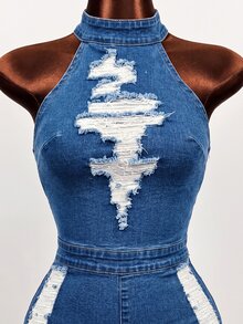 Mistrie رومبير جينز نسائي بتصميم ممزق كاجوال للارتداء اليومي برقبة معلقة - الأزرق - مشاهدة 4