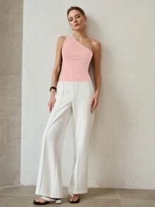 MOTF PREMIUM ONE SHOULDER CONTRAST BINDING SLIM FIT TOP - Pink - View 5