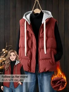 Linhara Plus Size Autumn/Winter Sleeveless Vest With Detachable Hood Cotton Padded - Rust Brown - View 7