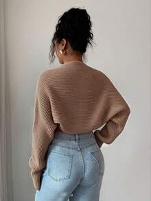 Rafferiza Women's Elegant Solid Color Ribbed Knit Cropped Cardigan, Spring - Mocha Brown - View 2