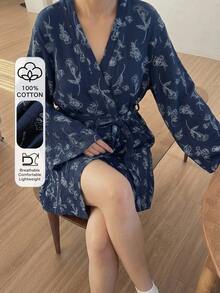DAZY Leaf Pattern Loose Fit Short Cardigan Robe Women's Sleepwear - Navy Blue - View 4