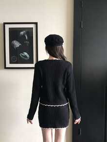 DAZY Women's Front Button Long Sleeve Top And Mini Skirt 2 Pieces Set - Black - View 2