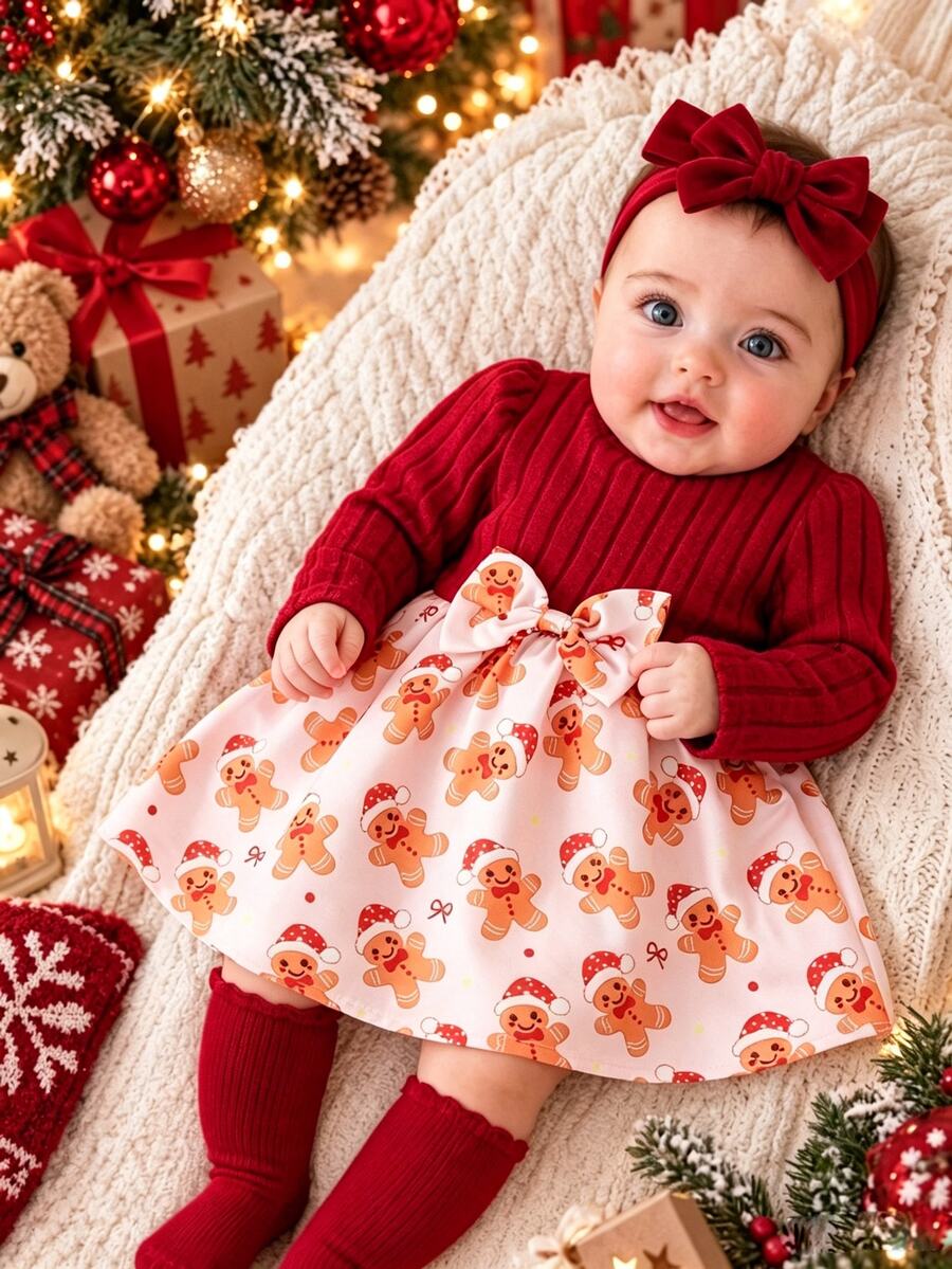 SHEIN Vintaside Kids 1件女嬰甜美紅粉色薑餅人蝴蝶結羅紋長袖泡泡袖圓領休閒冬季公主風舒適A字蓬蓬裙 - 酒紅色 - 查看 1