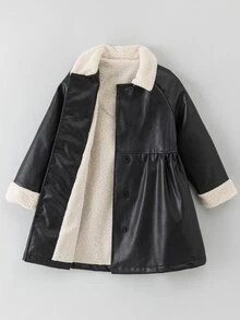 SHEIN 女童落肩袖雙排扣泰迪毛內裡大衣 冬季 - 黑色 - 查看 7