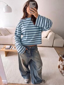 SHEIN EZwear 海外長袖淺藍色與深藍色拼接條紋上衣，秋季襯衫，適合日常通勤、派對、秋冬春夏、聖誕節、新年、感恩節、派對、婚禮、海灘、畢業典禮、優雅、外出、約會、通勤、情人節、優雅、度假、Y2K、畢業典禮等場合 - 彩色 - 查看 6