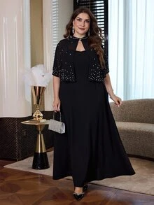 Modelyn Plus Size Women Rhinestone Design Short Sleeve Top And Cami Dress Elegant 2 Pieces Set - Black - View 5