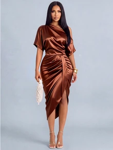 SOLERSUN Tall Women's All-Season Elegant Brown Satin Asymmetrical Shoulder Ruched Bodycon Midi Dress For Party, Gathering And Commute - Brown - View 6