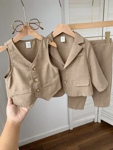 SHEIN 3件組男嬰純色百搭舒適V領無袖背心、長袖開襟外套、鬆緊腰長褲套裝，適合度假、外出、正式場合與婚禮季 - 彩色 - 查看 6