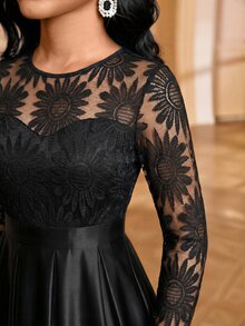 SHEIN Lady Đầm dạ hội thêu hoa thanh lịch size lớn - màu đen - Xem 7