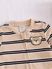 Newborn Baby Striped Knit Cartoon Bear Pattern Loungewear - Khaki - View 5