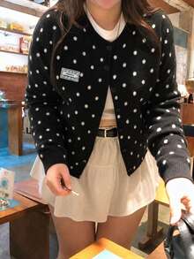Dazy Plus Korean Style Casual Round Neck Polka Dot Colorblock Long Sleeve Cardigan Sweater - Black - View 1
