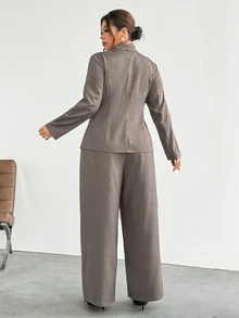 Firerie Plus Size Blazer Lapel Long Sleeve Pocket Button Solid Color Pants Set - Khaki - View 2