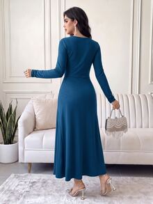 Feyla Women's Solid Color Long Sleeve Draped Neck Fitted Ruffle Hem Dress - Blue - View 7
