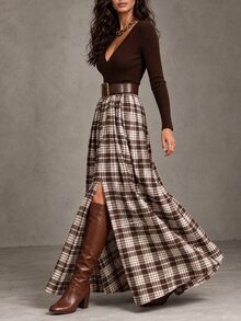 LUMIGAL Women's V-Neck Knit Brown Patchwork Plaid A-Line Chic Casual Commute Elegant Elegant Mid-Length Pocket Dress, Suitable For Spring, Summer, Autumn, Winter, All Seasons - Multicolor - View 4