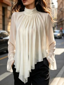 SHEIN Women's Solid Color Beige High Neck Ruched Asymmetric Triangle Hem Ruffle Back Tie Elegant Long Sleeve Blouse Chiffon Top Casual Party Commute Go Out - Apricot - View 1