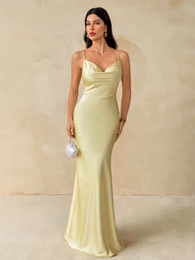 SHEIN Tall Đầm nữ hở lưng cổ đổ đuôi cá mặc đi tiệc - Màu vàng - Xem 5