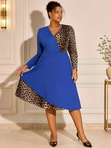BrightlyHer Plus Size Sexy Metal Buckle Leopard Print Dress - Multicolor - View 4