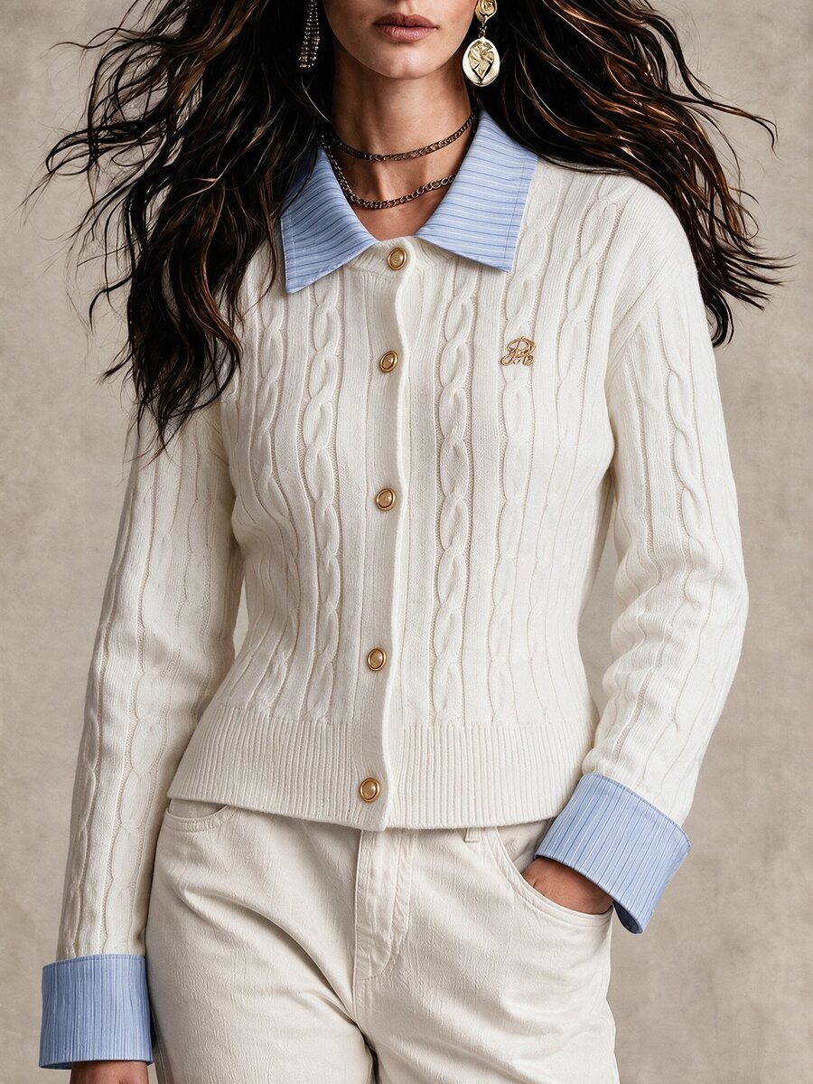 Franclia Fashionable French 2000s Blogger-Inspired 2 In 1 Patchwork Knit Cardigan Sweater Cable Button Up Collared Teachers' Day Office Grey Blue Autumn - Beige - View 1