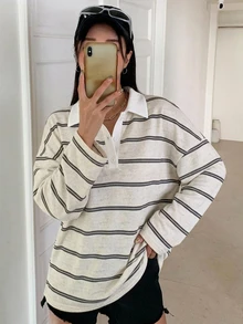 DAZY 女款休閒寬鬆拼色條紋長袖T恤上衣，春秋季女裝 - 灰色 - 查看 2