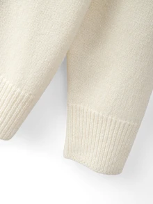 GlowEve CURVE Plus Size Women's Cream White Polo Collar Knit Sweater, Loose Soft Long Sleeve Base Layer, Half-Button Front With Pearl Floral Buttons, Commuter Slimming Flattering Solid Color Knit Top - White - View 5