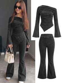 SHEIN Girls' Black Knit Denim Tween Girl Tween Girl Top And Flare Pants 2 Pieces Set - Black - View 3