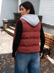 Linhara Plus Size Autumn/Winter Sleeveless Vest With Detachable Hood Cotton Padded - Rust Brown - View 2