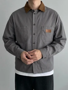 DAZY Spring/Autumn Men's Patchwork Collar Contrast Color Washed Distressed Denim Jacket - Grey - View 5