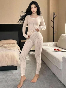 Dazy Kids 青少年女孩秋季服飾 寬鬆舒適春秋居家休閒套裝 V領T恤 格紋直筒長褲 - 杏色 - 查看 7