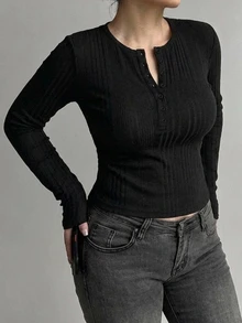 Dazy Plus Half-Button Long Sleeve Fitted Bodycon T-Shirt - Black - View 5