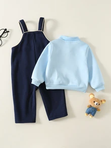 SHEIN 中性新生兒嬰兒男/女童、幼兒 2 件組秋冬保暖內裡加厚可愛學院風熊圖案吊帶褲與運動衫套裝，Polo 套裝，嬰兒冬季穿搭，聖誕節 - 藏蓝色 - 查看 2