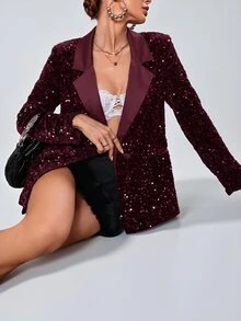 Aveloria Modichic 時尚設計寬鬆亮片布料拼接西裝外套 女款秋季服飾 聖誕派對之夜 酒紅色 性感 - 酒紅色 - 查看 3