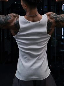 GymBeat ملابس علوية رياضي بدون أكمام مطبوع عليه حروف بتصميم بسيط للرجال لللياقة البدنية - أبيض - مشاهدة 2