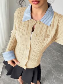 Franclia Fashionable French 2000s Blogger-Inspired 2 In 1 Patchwork Knit Cardigan Sweater Cable Button Up Collared Teachers' Day Office Grey Blue Autumn - Khaki - View 4