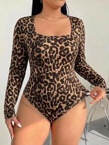 Solflare Bodysuit ôm sát cổ vuông tay dài dệt kim họa tiết da báo phong cách thường ngày size lớn, phù hợp cho mùa Thu/Đông - Nhiều màu - Xem 5