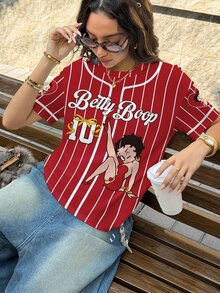 Betty Boop x SHEIN 女款字母條紋圓領短袖休閒T恤 秋季女裝運動衫 - 白色 - 查看 7