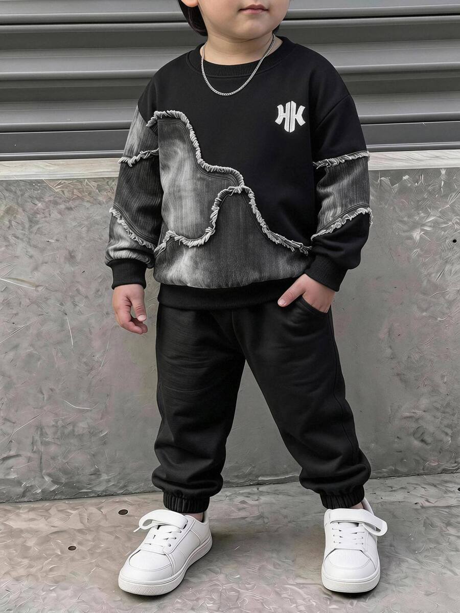 Young Boy Black Textured Print Vintage Y2K Long Sleeve Crew Neck Sweatshirt Knit Sweatshirt Fleece Lined Thickened Winter Autumn Top Kids - Multicolor - View 1