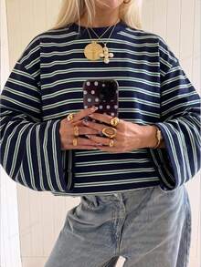 SHEIN EZwear 海外長袖草莓巧克力條紋上衣，秋季上衣，適合日常通勤、聚會、秋冬春夏、聖誕節、新年、感恩節、派對、婚禮、海灘、畢業典禮、優雅、外出、約會、通勤、情人節、優雅、度假、Y2K、畢業典禮及其他場合 - 彩色 - 查看 1