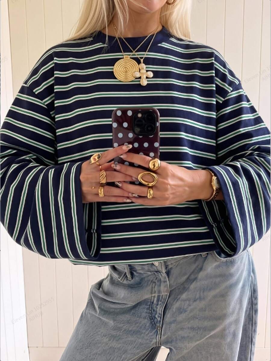 SHEIN EZwear 海外長袖草莓巧克力條紋上衣,秋季上衣,適合日常通勤、聚會、秋冬春夏、聖誕節、新年、感恩節、派對、婚禮、海灘、畢業典禮、優雅、外出、約會、通勤、情人節、優雅、度假、Y2K、畢業典禮及其他場合 - 彩色 - 查看 1