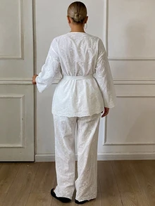 Dazy Plus Bộ 2 món áo dáng rộng và quần họa tiết jacquard, đồ mặc nhà pijama màu trắng phong cách thường ngày - trắng - Xem 3