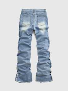 ROMWE MEN Street Life Men's Rivet Decor Frayed Hem Washed Distressed Fashion Personalized Jeans - Blue - View 3