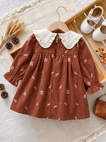 Baby Girls Printed Peter Pan Collar Dress, Casual Fashion, Creative Personalized, Fresh And Cute - Brown - View 3