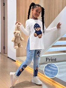 SHEIN 青少年女孩秋冬白色圓領長袖泰迪熊圖案T恤與藍色印花褲腿緊身褲2件式休閒套裝 - 白色 - 查看 1