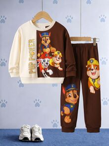 SHEIN | PAW Patrol 小男孩黃色拼色卡通小狗印花寬鬆衛衣套裝 秋季長袖上衣與長褲 返校休閒穿搭 - 彩色 - 查看 5