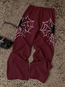 Attitoon Women's Versatile Spider Web Print Sweatpants - Burgundy - View 2