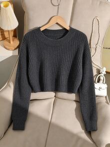 SHEIN كنزة صوفية طويلة الأكمام بلون موحد وياقة دائرية كاجوال متعددة الاستخدامات للارتداء اليومي للفتيات المراهقات في فصل الخريف - رمادي غامق - مشاهدة 1