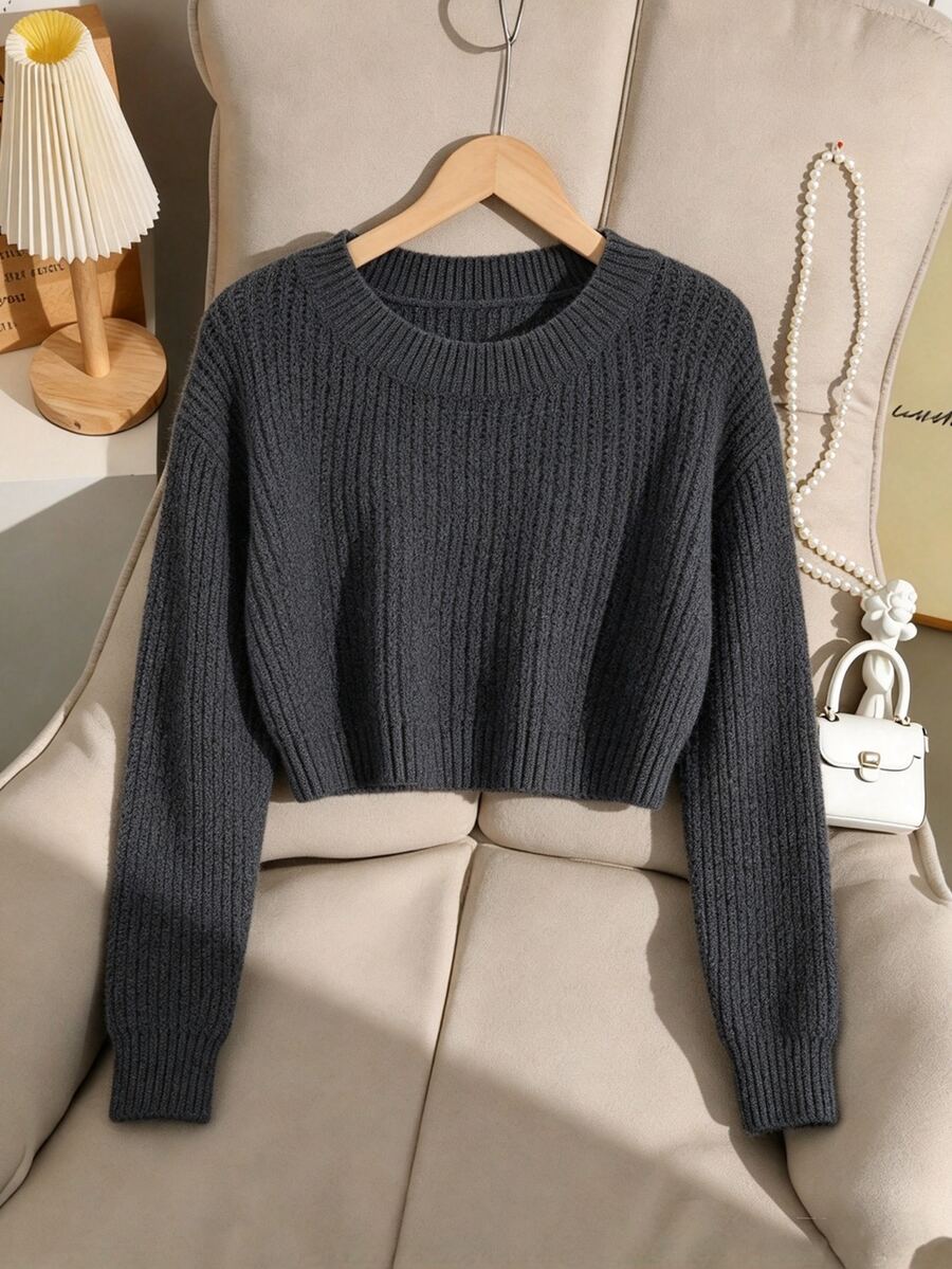 SHEIN كنزة صوفية طويلة الأكمام بلون موحد وياقة دائرية كاجوال متعددة الاستخدامات للارتداء اليومي للفتيات المراهقات في فصل الخريف - رمادي غامق - مشاهدة 1