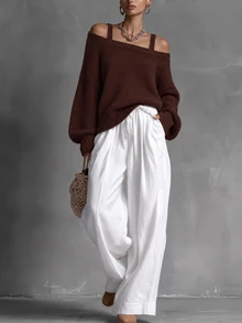 LUMIGAL Women's Solid Color Casual Daily Long Sleeve Sweater - Brown - View 6