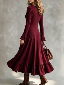LUMIGAL Women's Autumn/Winter Long Sleeve V-Neck Flared Dress - Burgundy - View 2