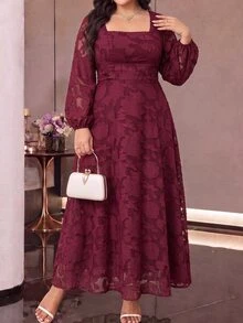 Modelyn Plus Size Women's Fashion Simple Elegant Waist-Cinching Dress - Burgundy - View 4